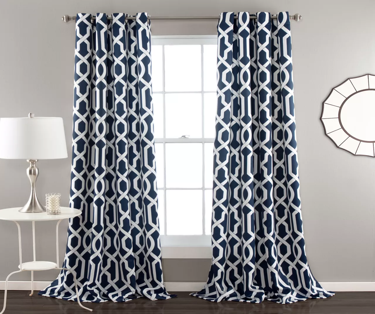 Edward Trellis Navy Room-Darkening Grommet Curtain Panel Pair, (84") 1 Edward Trellis Navy Room-Darkening Grommet Curtain Panel Pair, (84")
