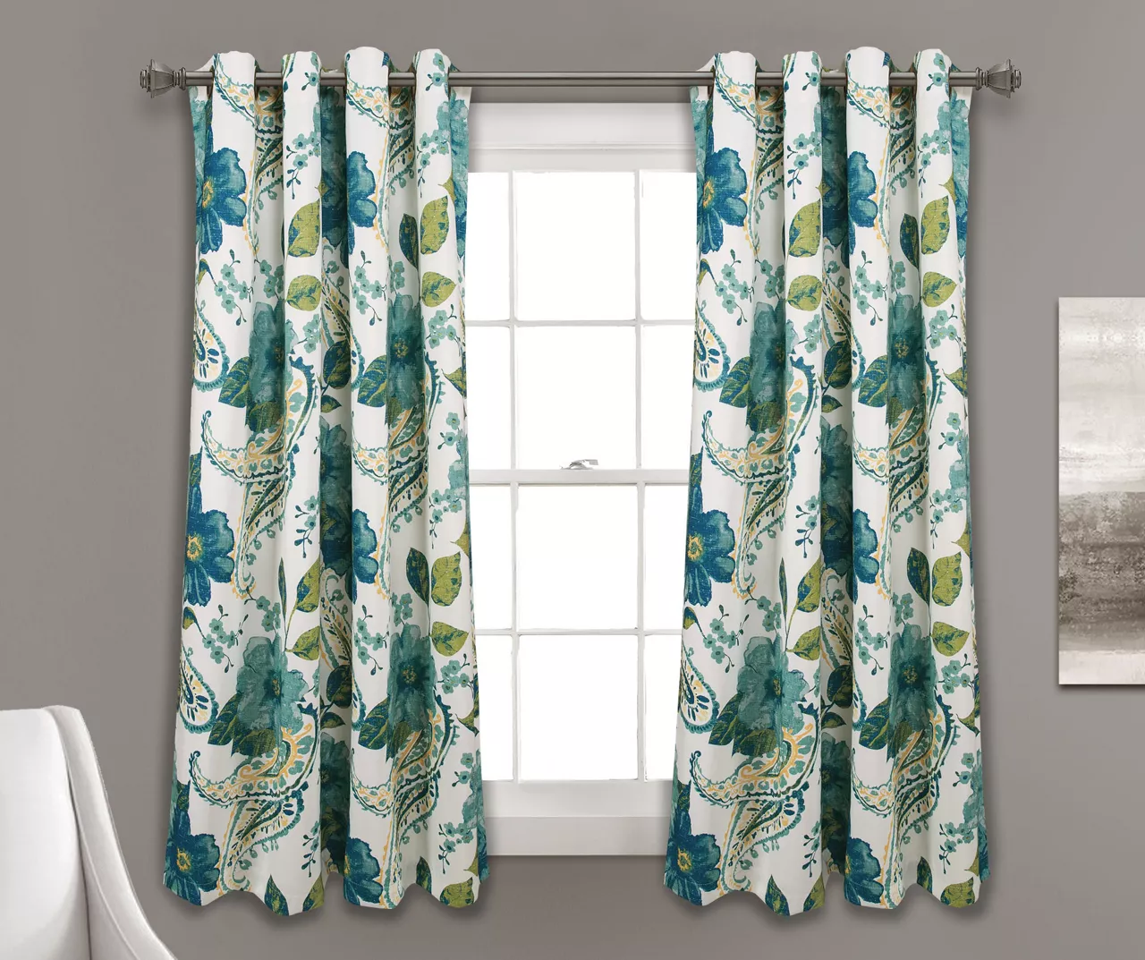 Floral Paisley Blue & Green Room-Darkening Grommet Curtain Panel Pair, (63") 1 Floral Paisley Blue & Green Room-Darkening Grommet Curtain Panel Pair, (63")