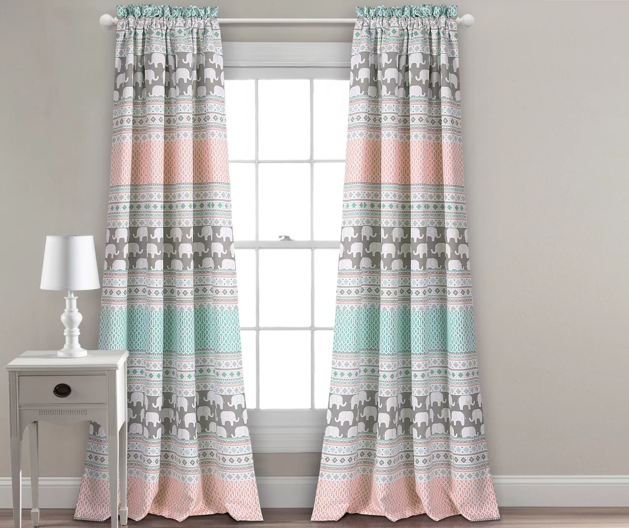 Elephant Stripe Turquoise & Pink Room-Darkening Rod Pocket Curtain Panel Pair, (84") 1 Elephant Stripe Turquoise & Pink Room-Darkening Rod Pocket Curtain Panel Pair, (84")