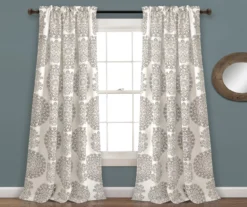 Evelyn Medallion Gray & White Room-Darkening Rod Pocket Curtain Panel Pair, (84")