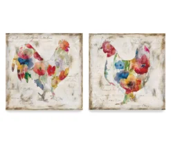 Flowered Hen & Rooster 2-Piece Wrapped Canvas Set