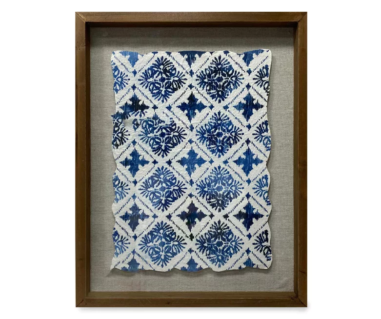 Framed Blue & White Printed Fabric, (14" X 18") 1 Framed Blue & White Printed Fabric, (14" X 18")