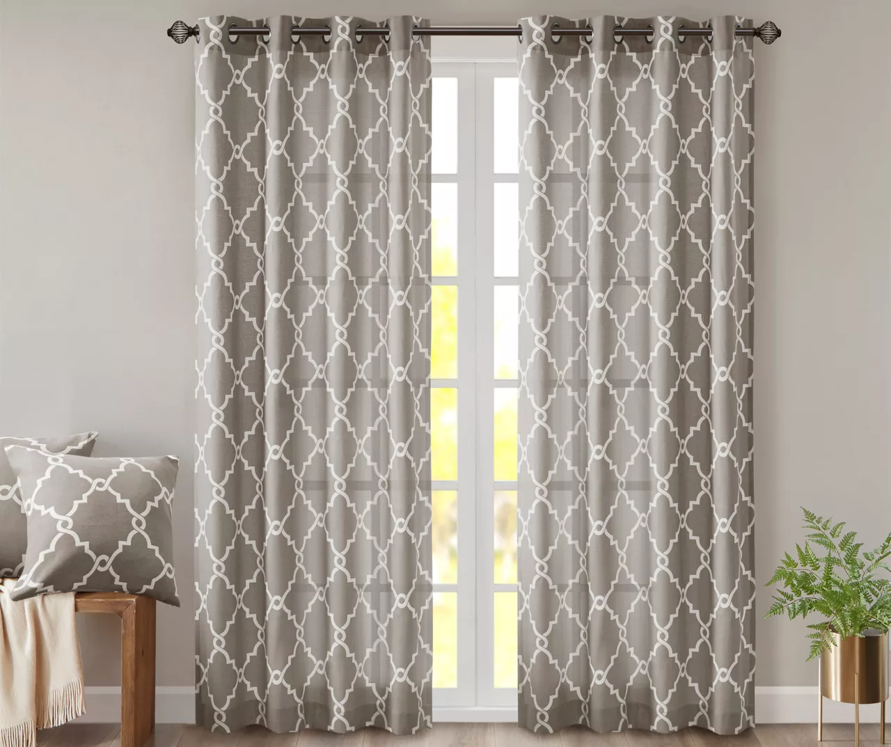 Sereno Fretwork Gray Light-Filtering Grommet Curtain Panel, (95") 1 Sereno Fretwork Gray Light-Filtering Grommet Curtain Panel, (95")