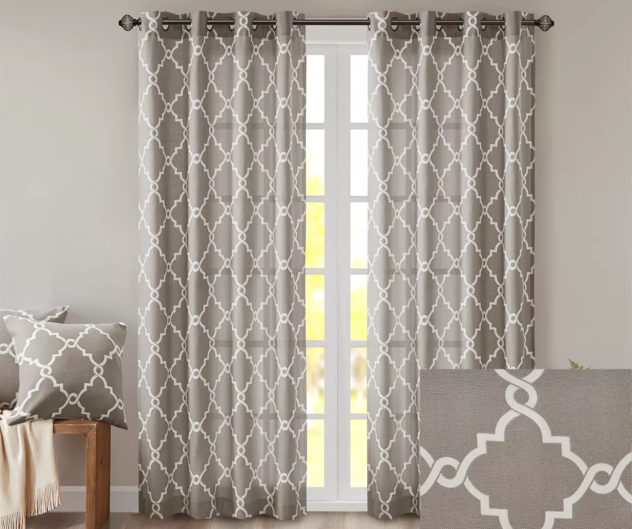 Sereno Fretwork Gray Light-Filtering Grommet Curtain Panel, (63") 3 Sereno Fretwork Gray Light-Filtering Grommet Curtain Panel, (63") - Image 3