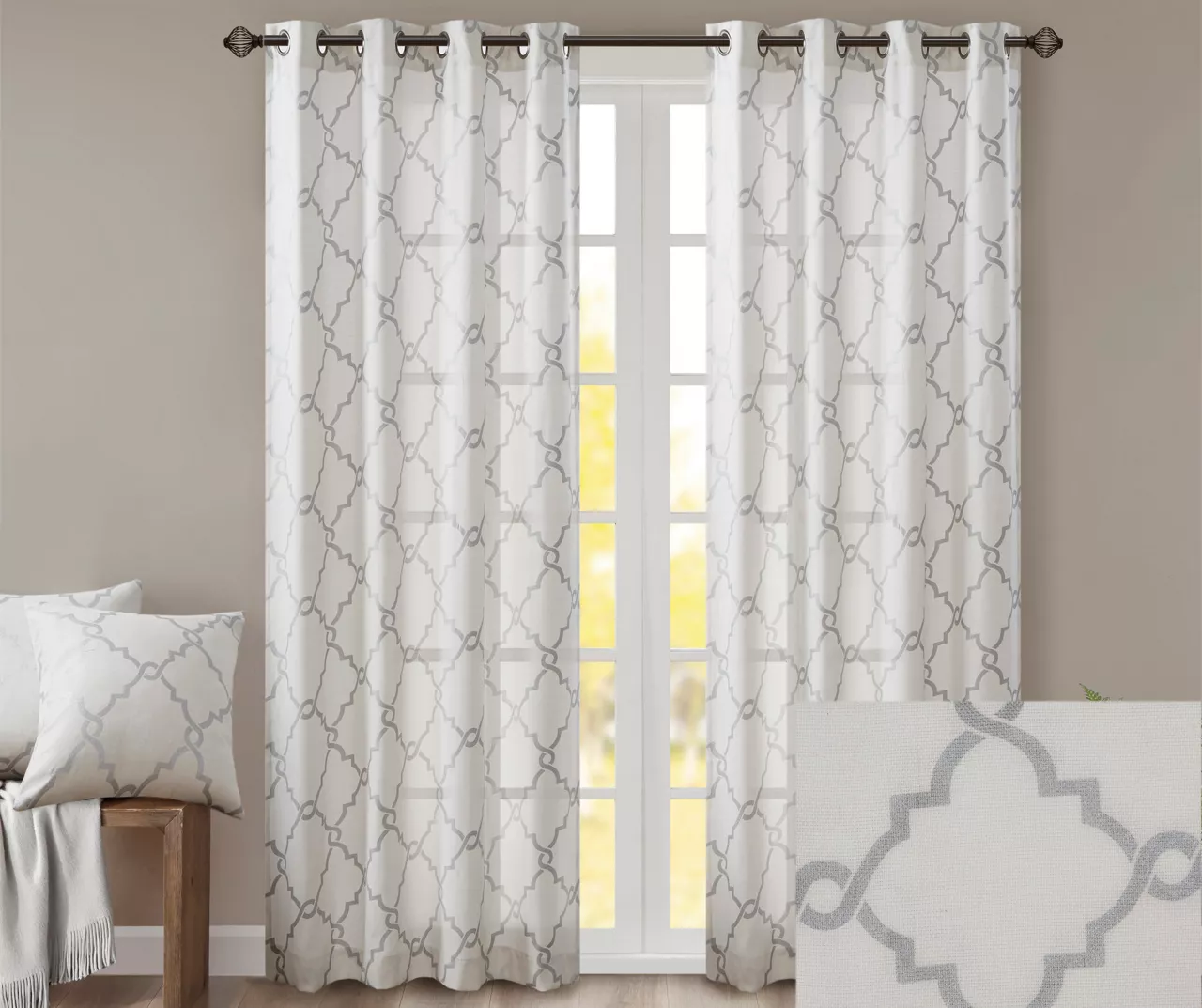 Sereno Fretwork Ivory Light-Filtering Grommet Curtain Panel, (95") 3 Sereno Fretwork Ivory Light-Filtering Grommet Curtain Panel, (95") - Image 3