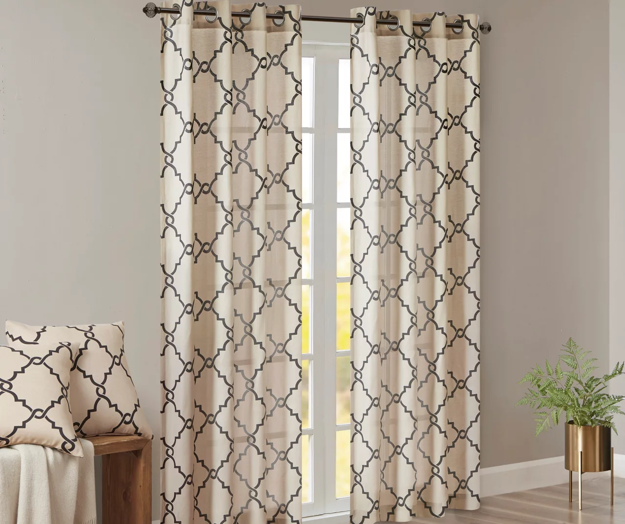Sereno Fretwork Khaki Light-Filtering Grommet Curtain Panel, (95") 2 Sereno Fretwork Khaki Light-Filtering Grommet Curtain Panel, (95") - Image 2