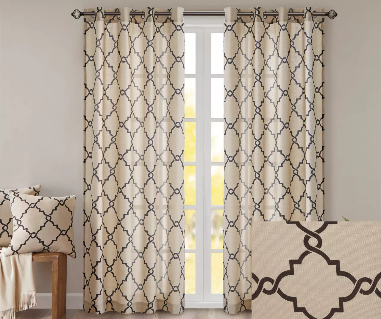 Sereno Fretwork Khaki Light-Filtering Grommet Curtain Panel, (95") 3 Sereno Fretwork Khaki Light-Filtering Grommet Curtain Panel, (95") - Image 3