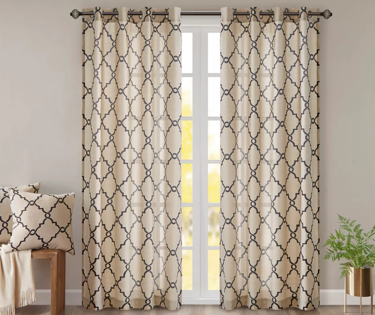 Sereno Fretwork Khaki Light-Filtering Grommet Curtain Panel, (95") 1 Sereno Fretwork Khaki Light-Filtering Grommet Curtain Panel, (95")