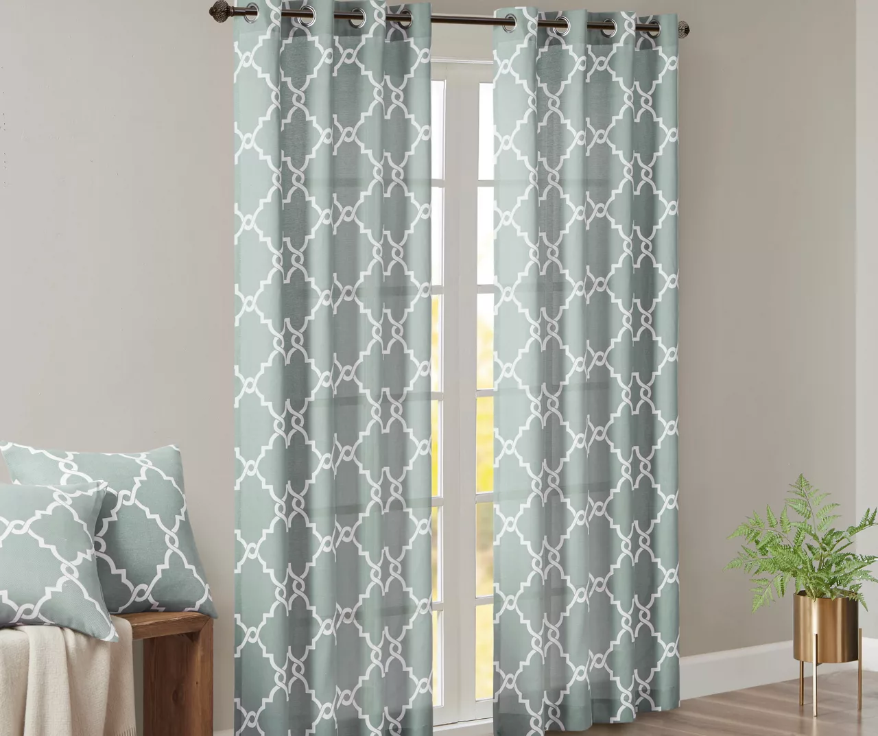 Sereno Fretwork Seafoam Light-Filtering Grommet Curtain Panel, (95") 2 Sereno Fretwork Seafoam Light-Filtering Grommet Curtain Panel, (95") - Image 2