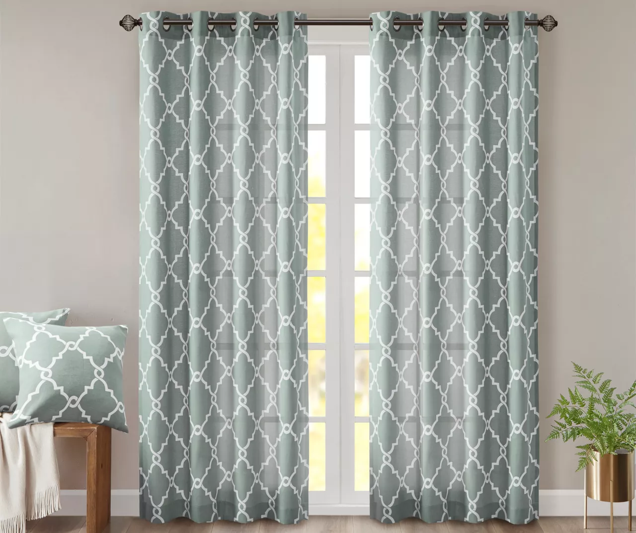 Sereno Fretwork Seafoam Light-Filtering Grommet Curtain Panel, (95") 1 Sereno Fretwork Seafoam Light-Filtering Grommet Curtain Panel, (95")