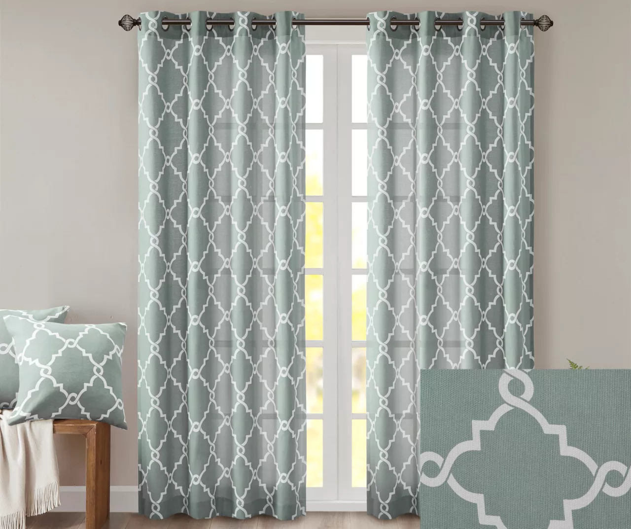 Sereno Fretwork Seafoam Light-Filtering Grommet Curtain Panel, (95") 3 Sereno Fretwork Seafoam Light-Filtering Grommet Curtain Panel, (95") - Image 3