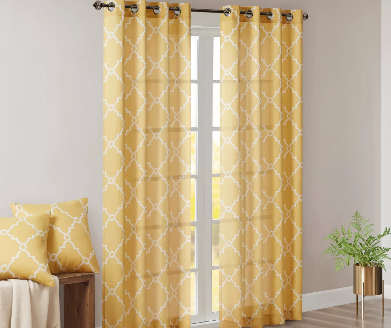 Sereno Fretwork Yellow Light-Filtering Grommet Curtain Panel, (84") 2 Sereno Fretwork Yellow Light-Filtering Grommet Curtain Panel, (84") - Image 2
