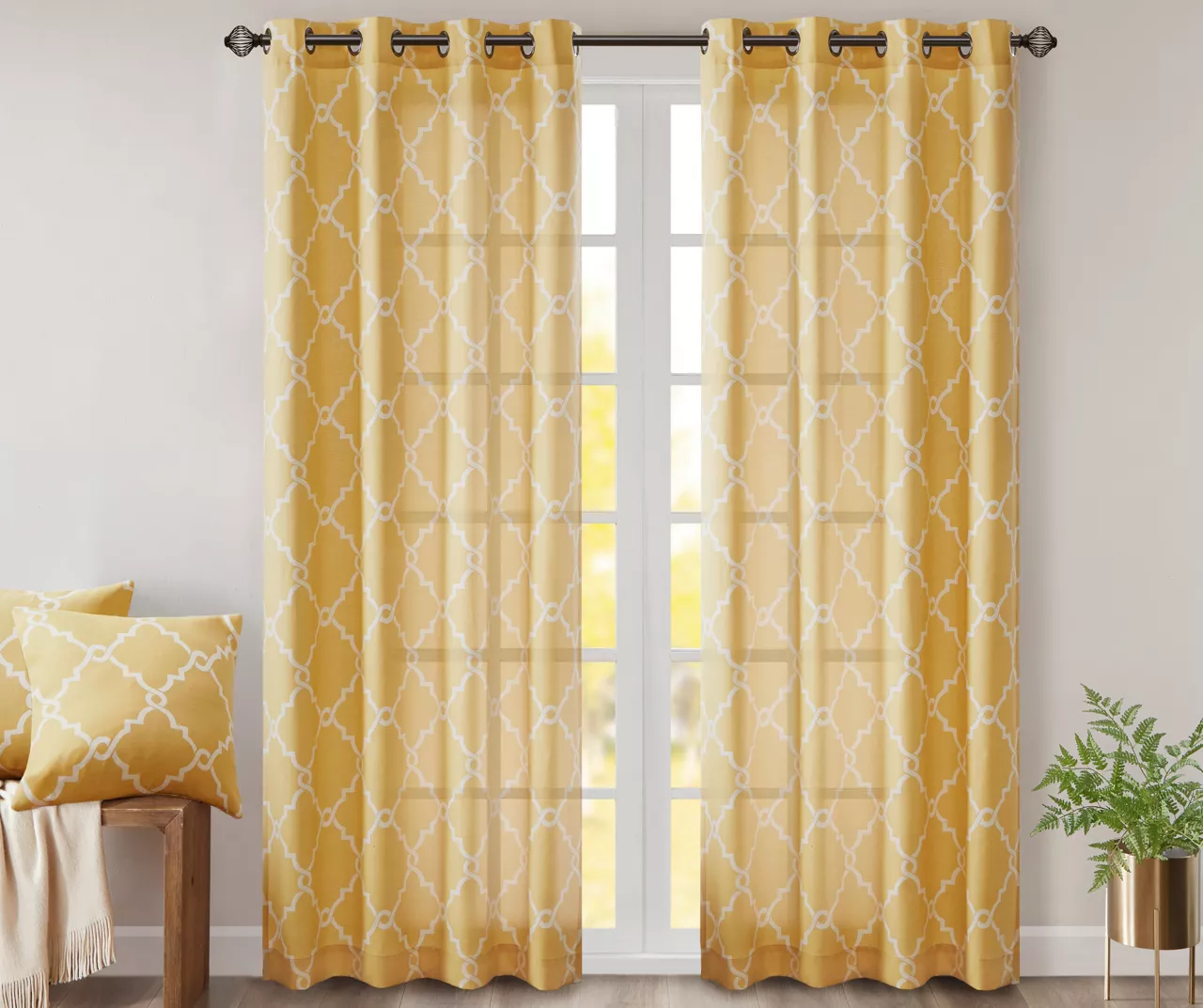 Sereno Fretwork Yellow Light-Filtering Grommet Curtain Panel, (84") 1 Sereno Fretwork Yellow Light-Filtering Grommet Curtain Panel, (84")