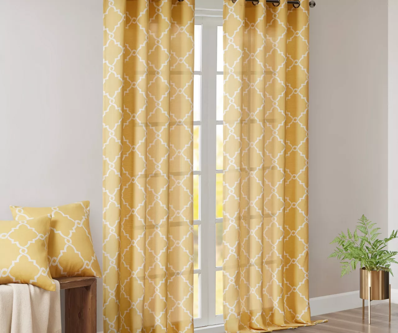 Sereno Fretwork Yellow Light-Filtering Grommet Curtain Panel, (84") 9 Sereno Fretwork Yellow Light-Filtering Grommet Curtain Panel, (84") - Image 9