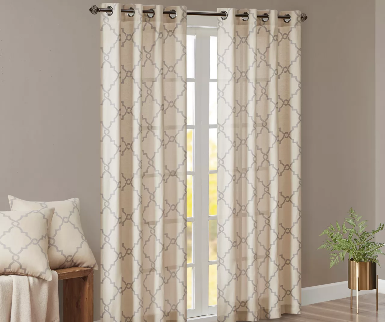 Sereno Fretwork Beige Light-Filtering Grommet Curtain Panel, (63") 2 Sereno Fretwork Beige Light-Filtering Grommet Curtain Panel, (63") - Image 2