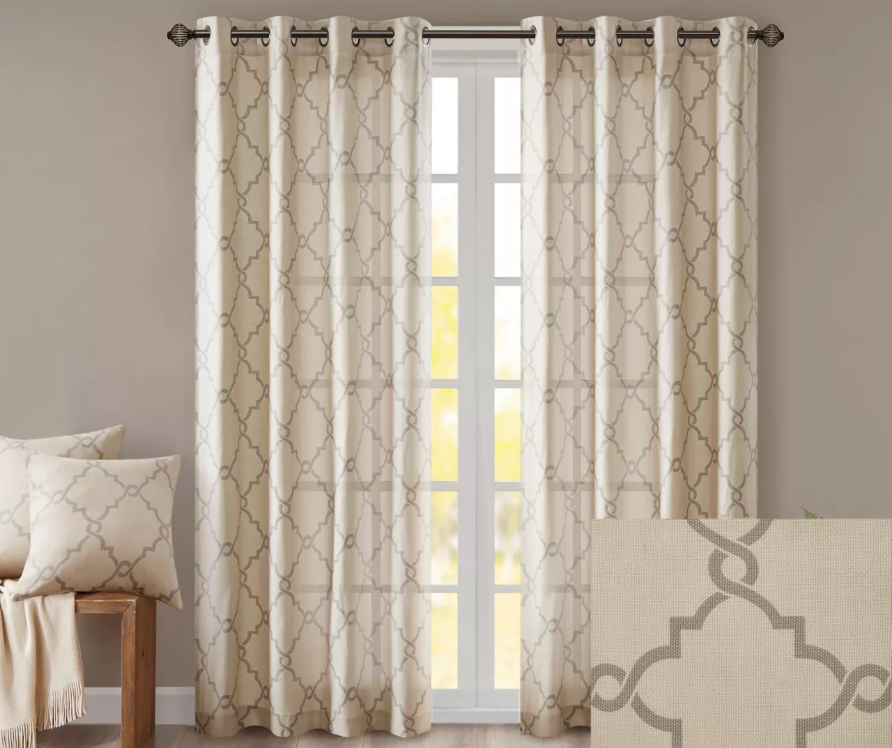 Sereno Fretwork Beige Light-Filtering Grommet Curtain Panel, (63") 3 Sereno Fretwork Beige Light-Filtering Grommet Curtain Panel, (63") - Image 3
