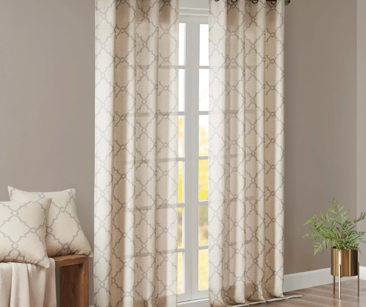 Sereno Fretwork Beige Light-Filtering Grommet Curtain Panel, (95") 9 Sereno Fretwork Beige Light-Filtering Grommet Curtain Panel, (95") - Image 9