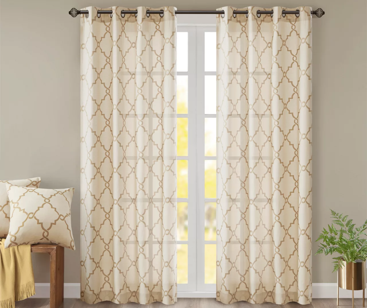 Sereno Fretwork Beige & Gold Light-Filtering Grommet Curtain Panel, (84") 1 Sereno Fretwork Beige & Gold Light-Filtering Grommet Curtain Panel, (84")
