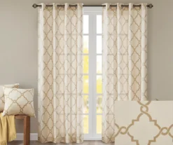 Sereno Fretwork Beige & Gold Light-Filtering Grommet Curtain Panel, (95") -Cuisinart Store 810518028 810518029 810518030 2