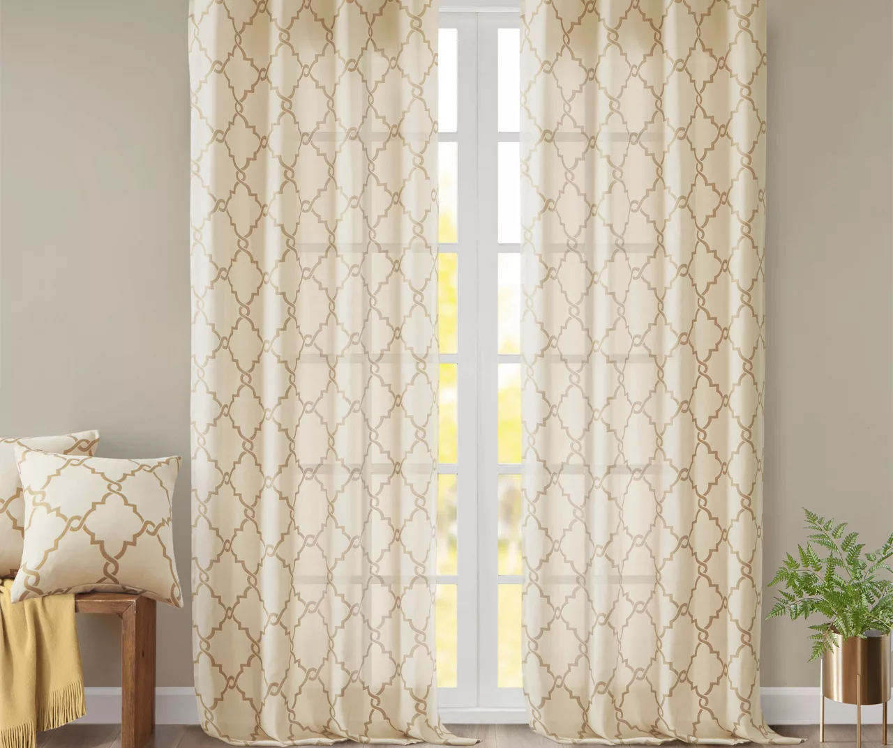 Sereno Fretwork Beige & Gold Light-Filtering Grommet Curtain Panel, (63") 8 Sereno Fretwork Beige & Gold Light-Filtering Grommet Curtain Panel, (63") - Image 8