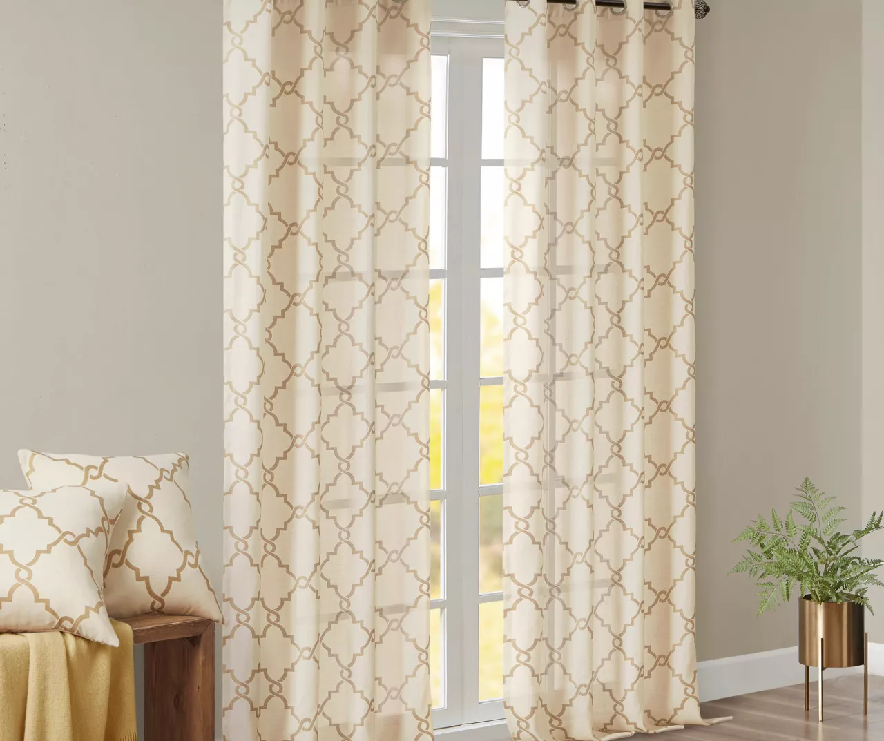 Sereno Fretwork Beige & Gold Light-Filtering Grommet Curtain Panel, (84") 9 Sereno Fretwork Beige & Gold Light-Filtering Grommet Curtain Panel, (84") - Image 9