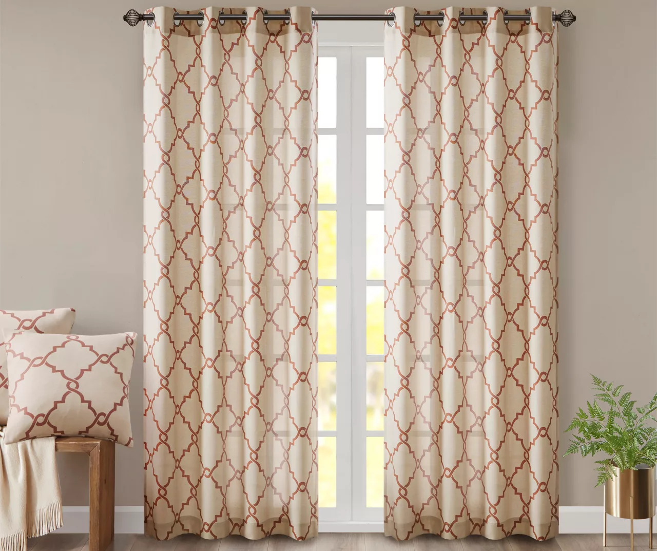 Sereno Fretwork Beige & Spice Light-Filtering Grommet Curtain Panel, (84") 1 Sereno Fretwork Beige & Spice Light-Filtering Grommet Curtain Panel, (84")