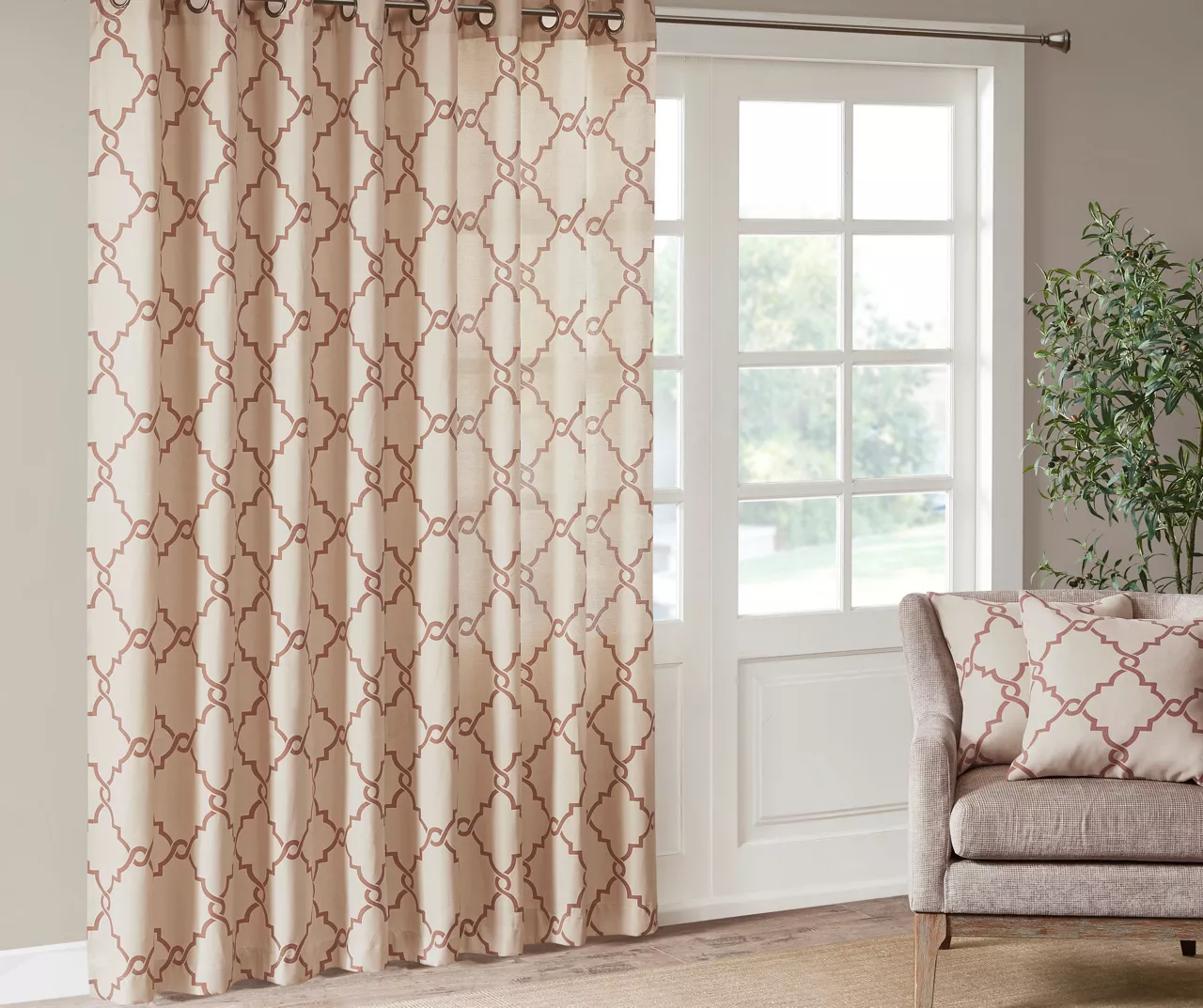 Sereno Fretwork Beige & Spice Light-Filtering Grommet Patio Curtain Panel, (84") 2 Sereno Fretwork Beige & Spice Light-Filtering Grommet Patio Curtain Panel, (84") - Image 2