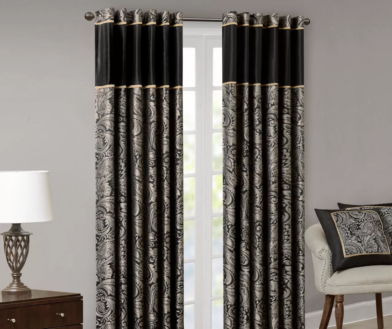 Valerie Black Light-Filtering Rod Pocket Curtain Panel Pair, (95") 2 Valerie Black Light-Filtering Rod Pocket Curtain Panel Pair, (95") - Image 2