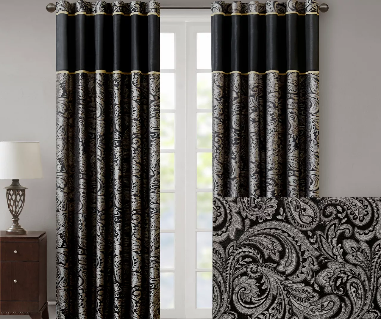 Valerie Black Light-Filtering Rod Pocket Curtain Panel Pair, (95") 3 Valerie Black Light-Filtering Rod Pocket Curtain Panel Pair, (95") - Image 3