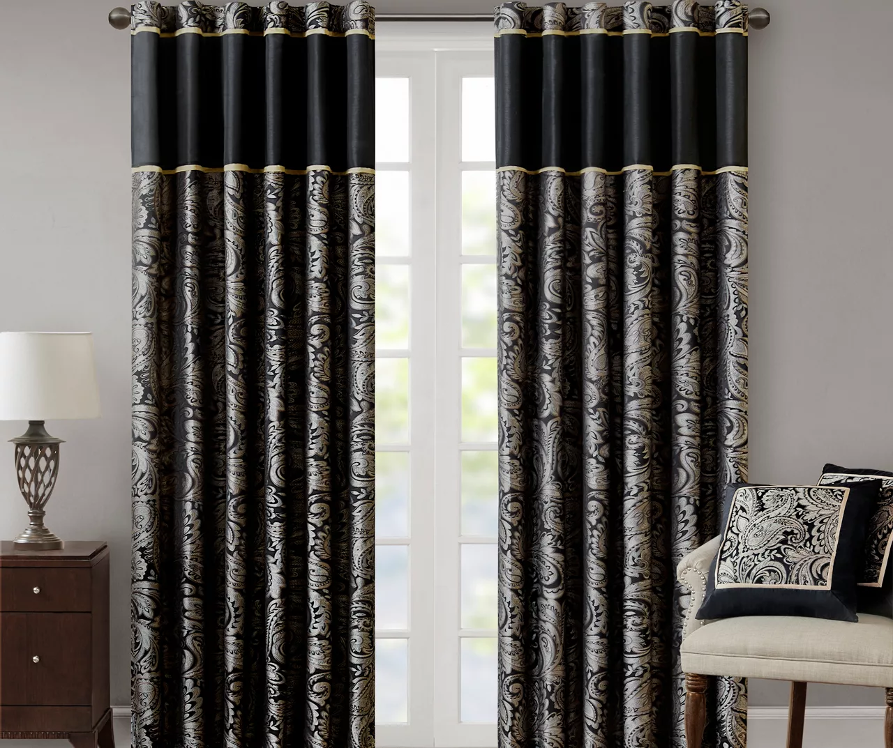 Valerie Black Light-Filtering Rod Pocket Curtain Panel Pair, (95") 1 Valerie Black Light-Filtering Rod Pocket Curtain Panel Pair, (95")