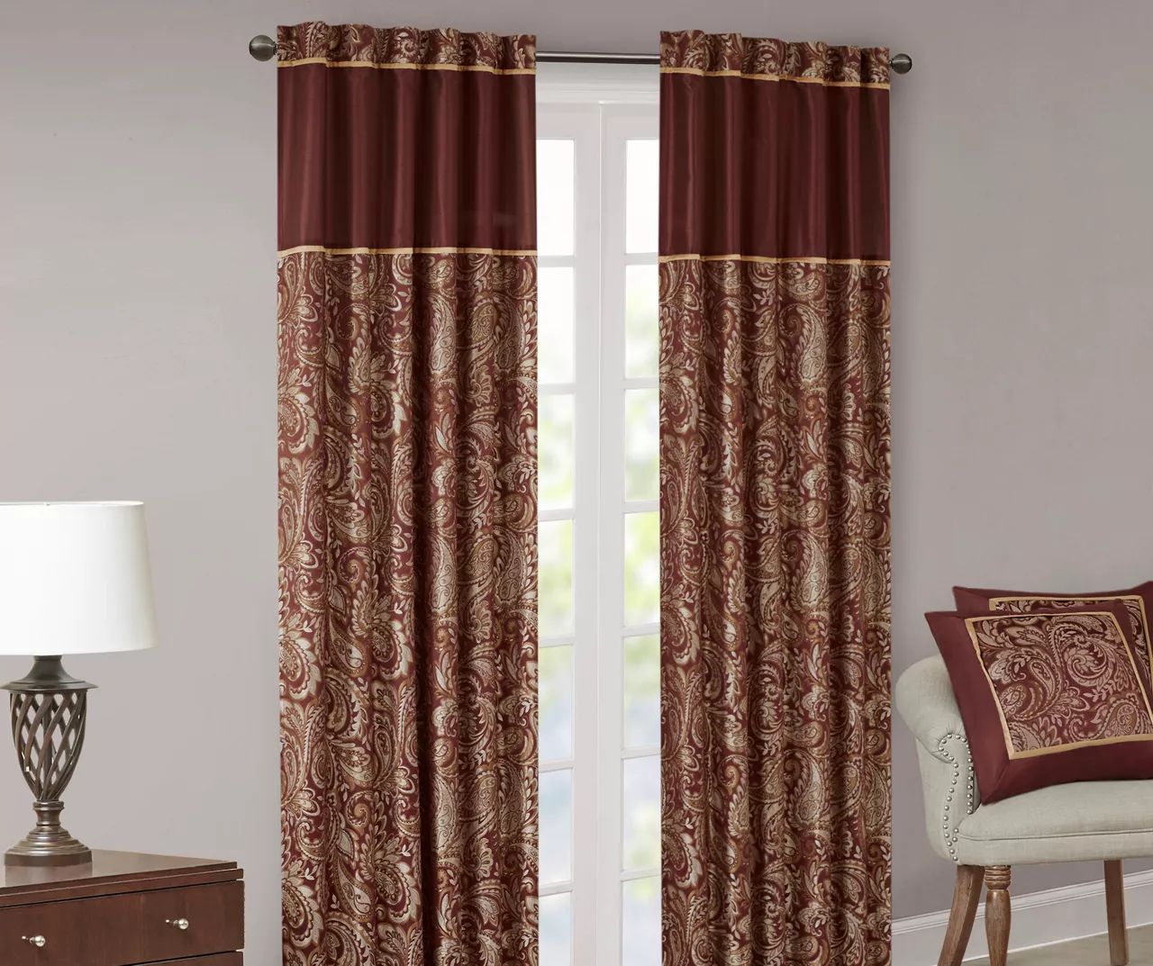 Valerie Burgundy Light-Filtering Rod Pocket Curtain Panel Pair, (95") 2 Valerie Burgundy Light-Filtering Rod Pocket Curtain Panel Pair, (95") - Image 2