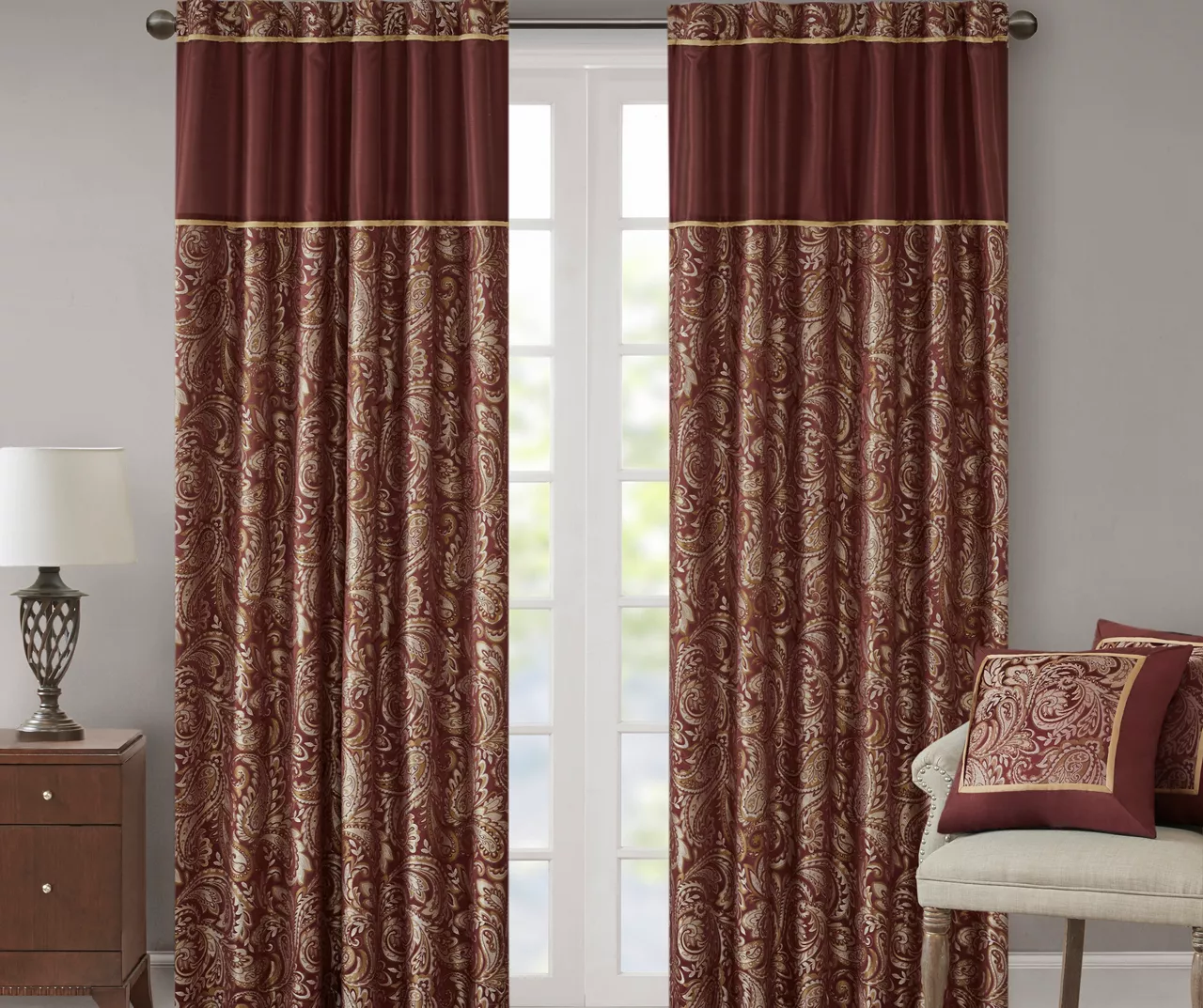 Valerie Burgundy Light-Filtering Rod Pocket Curtain Panel Pair, (84") 1 Valerie Burgundy Light-Filtering Rod Pocket Curtain Panel Pair, (84")
