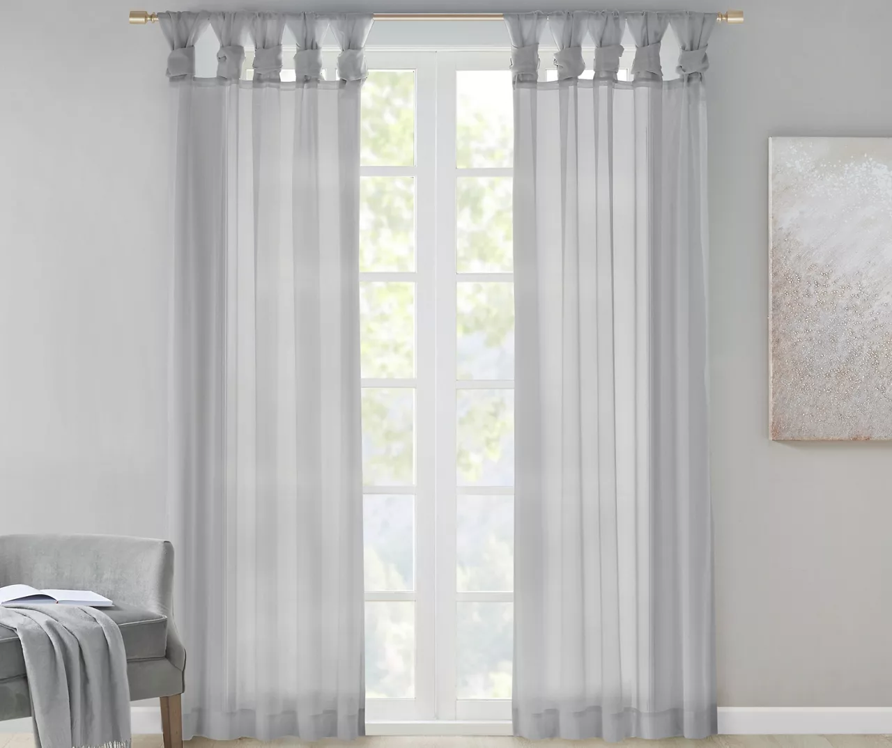 Persis Light Gray Voile Sheer Twisted Tab Curtain Panel Pair, (84") 1 Persis Light Gray Voile Sheer Twisted Tab Curtain Panel Pair, (84")