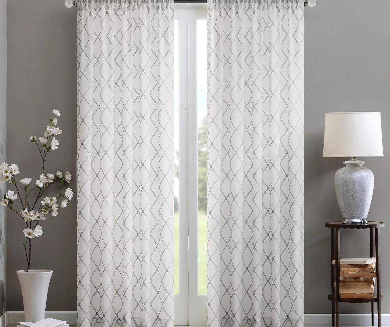 Clarissa Diamond White & Gray Sheer Rod Pocket Curtain Panel, (95") 1 Clarissa Diamond White & Gray Sheer Rod Pocket Curtain Panel, (95")