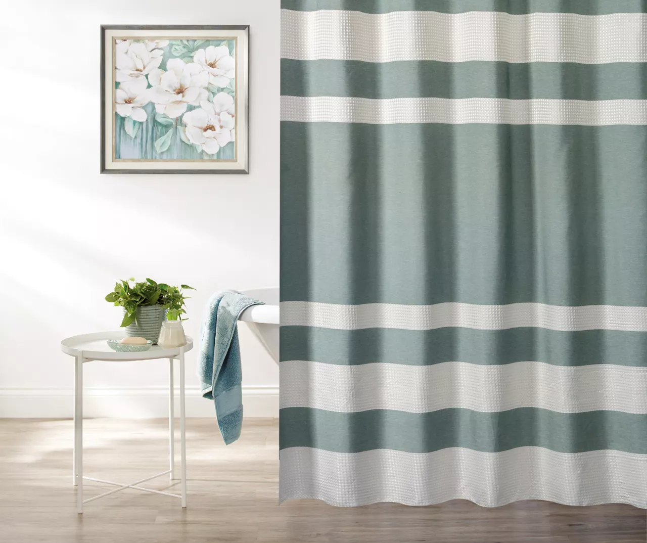 Slate Blue & White Embossed Waffle Striped Shower Curtain 1 Slate Blue & White Embossed Waffle Striped Shower Curtain
