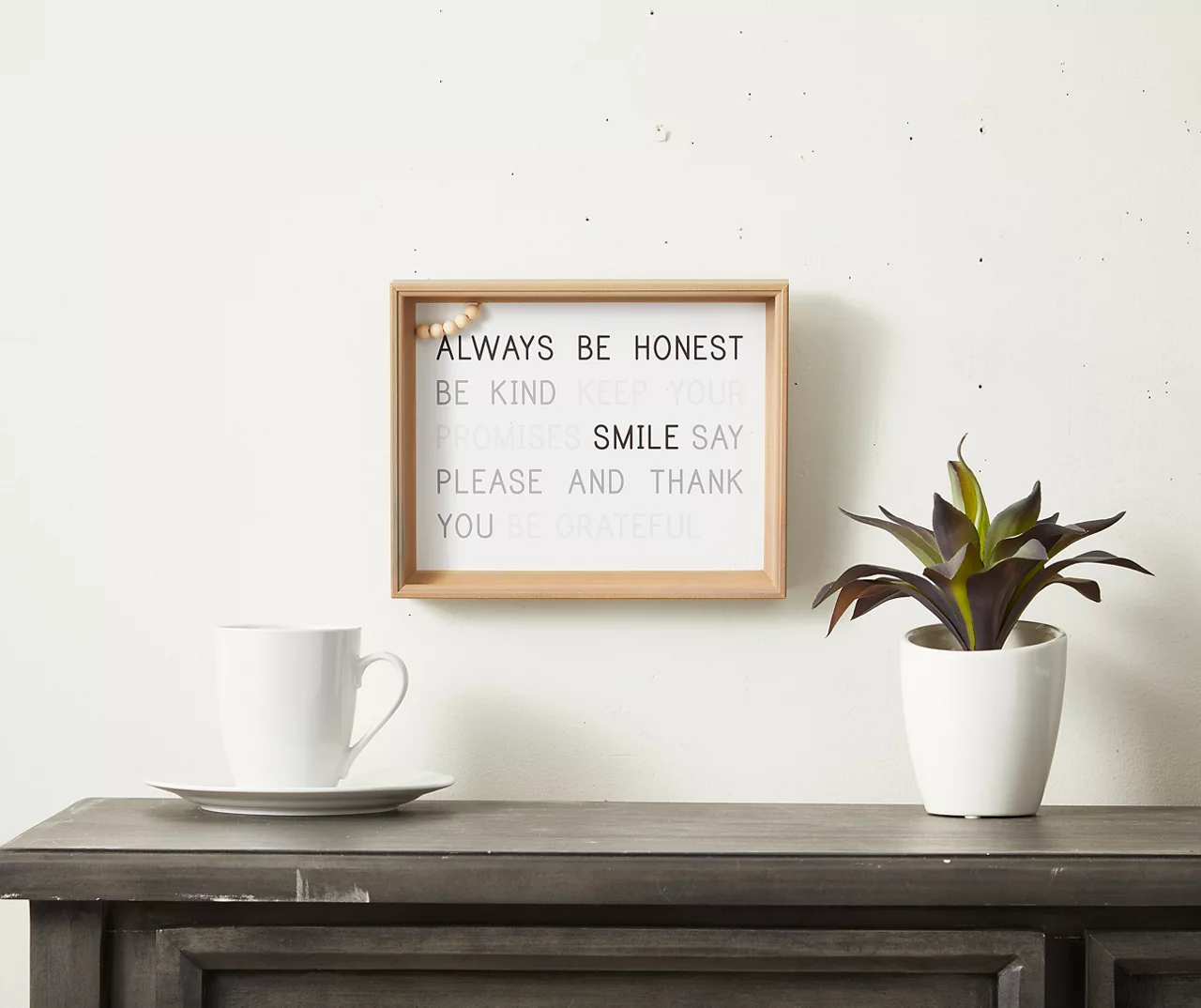 "Always Be Honest" White Framed Plaque With Wood Beads Accent 3 "Always Be Honest" White Framed Plaque With Wood Beads Accent - Image 3