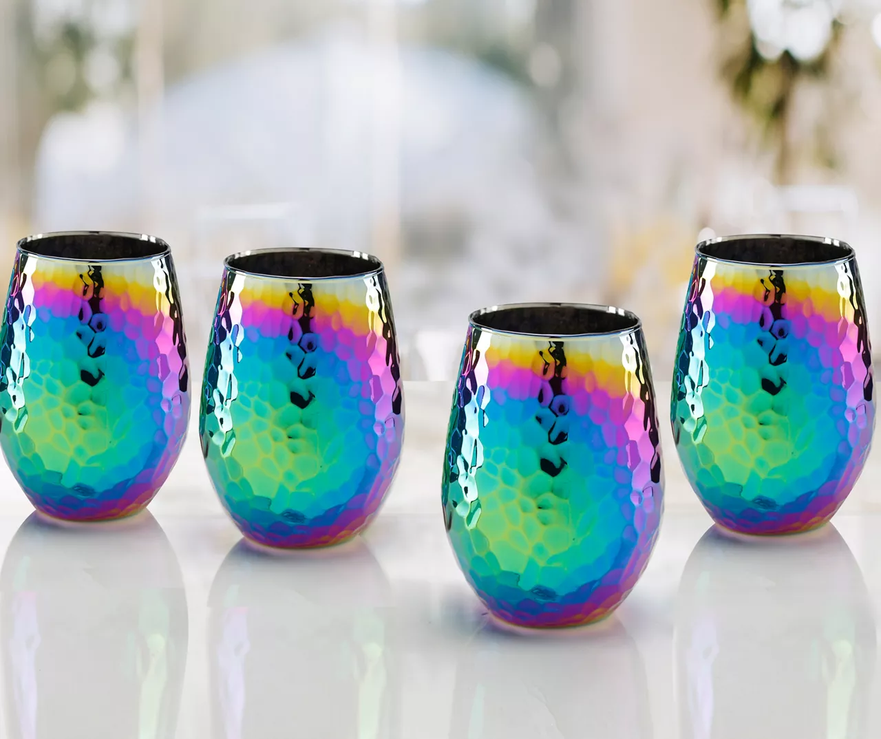 Rainbow Luster Hammered 4-Piece Stemless Wine Glass Set 1 Rainbow Luster Hammered 4-Piece Stemless Wine Glass Set