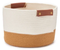Large Off-White & Mustard Rope Bin With Faux Leather Handles