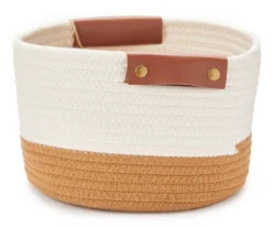 Small Off-White & Mustard Rope Bin With Faux Leather Handles