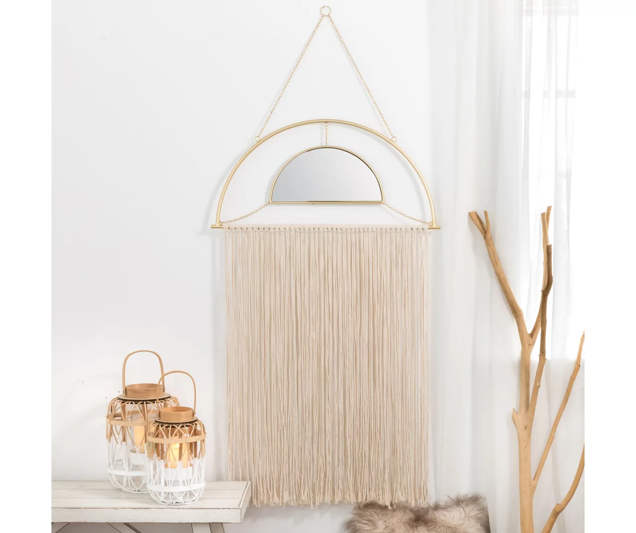 Brown Tassel-Accent Suspended Boho Semicircle Wall Mirror, (67.75") 4 Brown Tassel-Accent Suspended Boho Semicircle Wall Mirror, (67.75") - Image 4