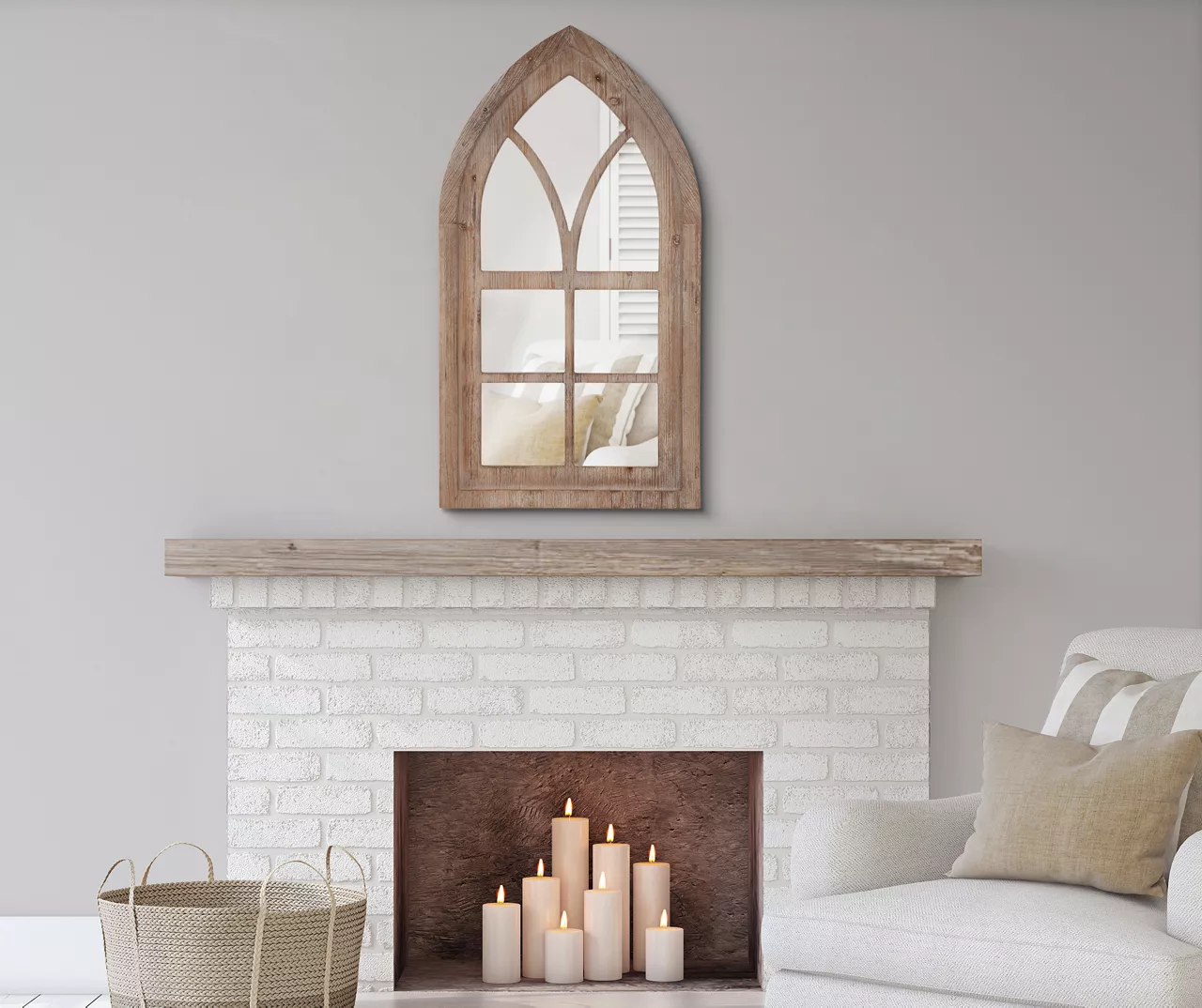 Natural Brown Arching Windowpane Wall Mirror, (40.16") 7 Natural Brown Arching Windowpane Wall Mirror, (40.16") - Image 7