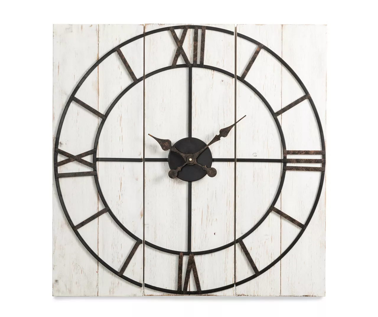 Black & White Distressed Roman Numeral 3-Piece Farmhouse Wall Clock Set, (31.5") 2 Black & White Distressed Roman Numeral 3-Piece Farmhouse Wall Clock Set, (31.5") - Image 2