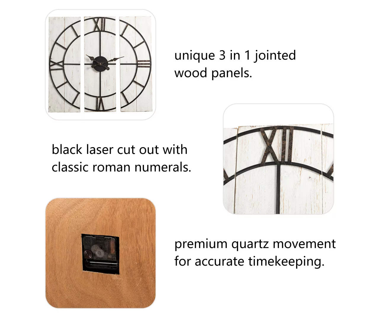 Black & White Distressed Roman Numeral 3-Piece Farmhouse Wall Clock Set, (31.5") 3 Black & White Distressed Roman Numeral 3-Piece Farmhouse Wall Clock Set, (31.5") - Image 3