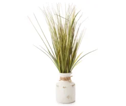 Green Artificial Grass Arrangement In White Vase With Jute