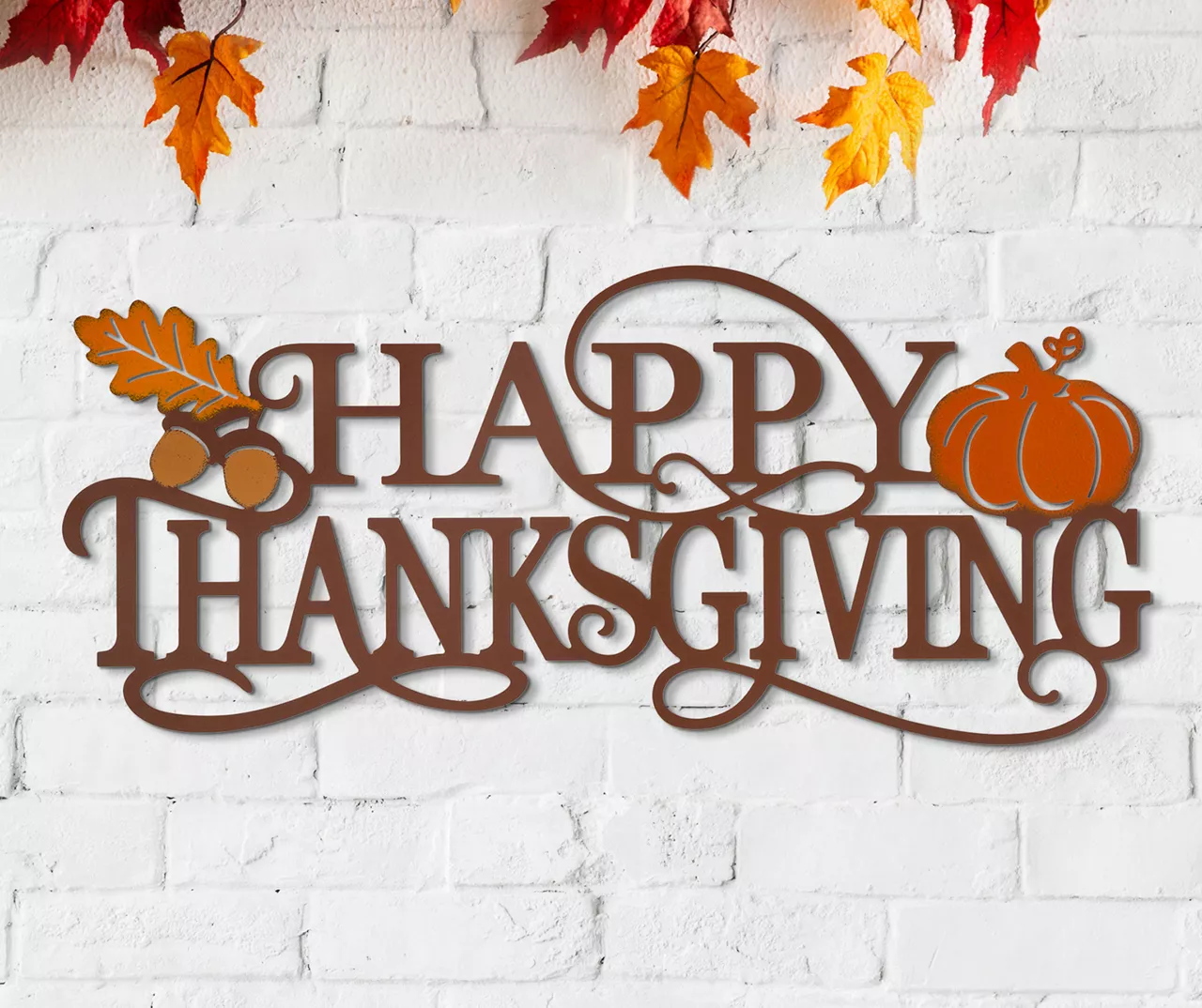 "Happy Thanksgiving" Leaves & Pumpkin Wordscript Wall Decor 6 "Happy Thanksgiving" Leaves & Pumpkin Wordscript Wall Decor - Image 6