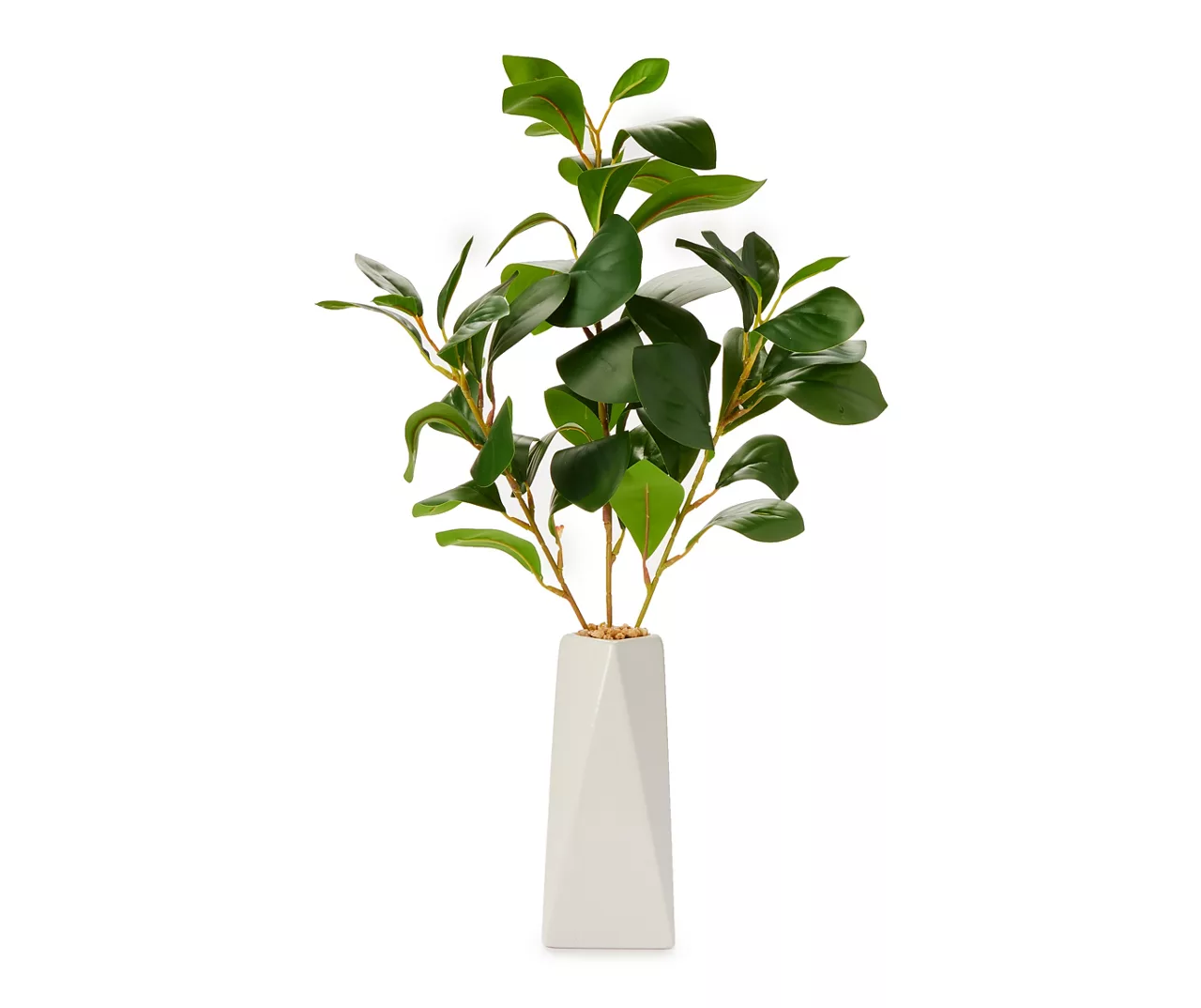 Green Artificial Leafy Stems With White Geometric Ceramic Vase 1 Green Artificial Leafy Stems With White Geometric Ceramic Vase