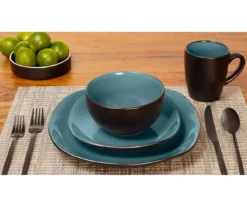Teal & Black Reactive 16-Piece Stoneware Dinnerware Set