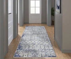 Jessica Blue & Cream Moroccan Geometric Runner Rug, (2.5' X 7')