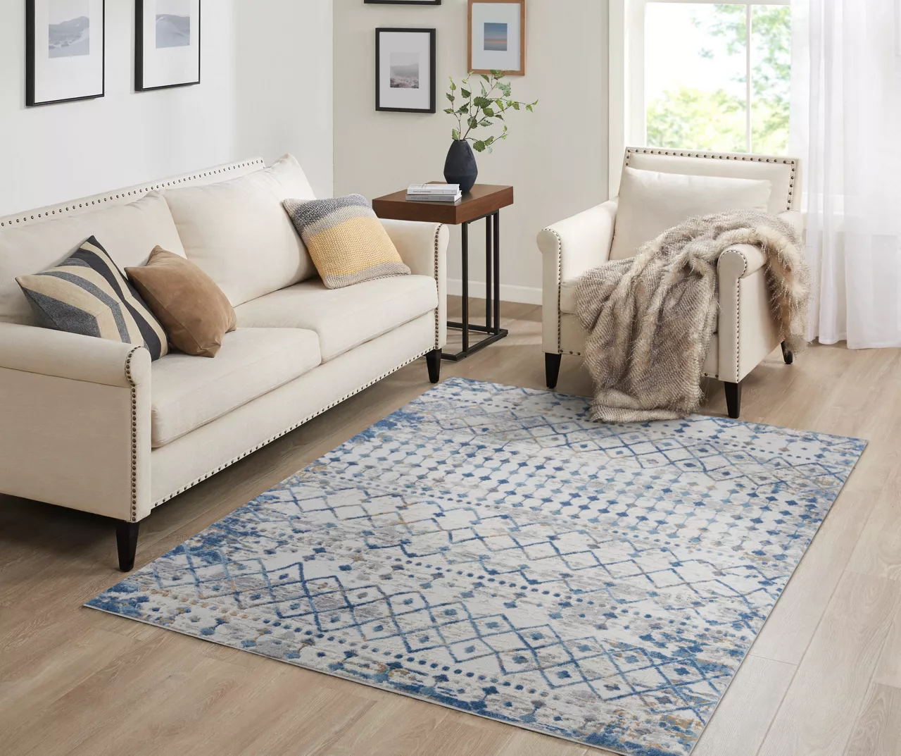 Jessica Blue & Cream Moroccan Geometric Area Rug, (5' X 7') 2 Jessica Blue & Cream Moroccan Geometric Area Rug, (5' X 7') - Image 2
