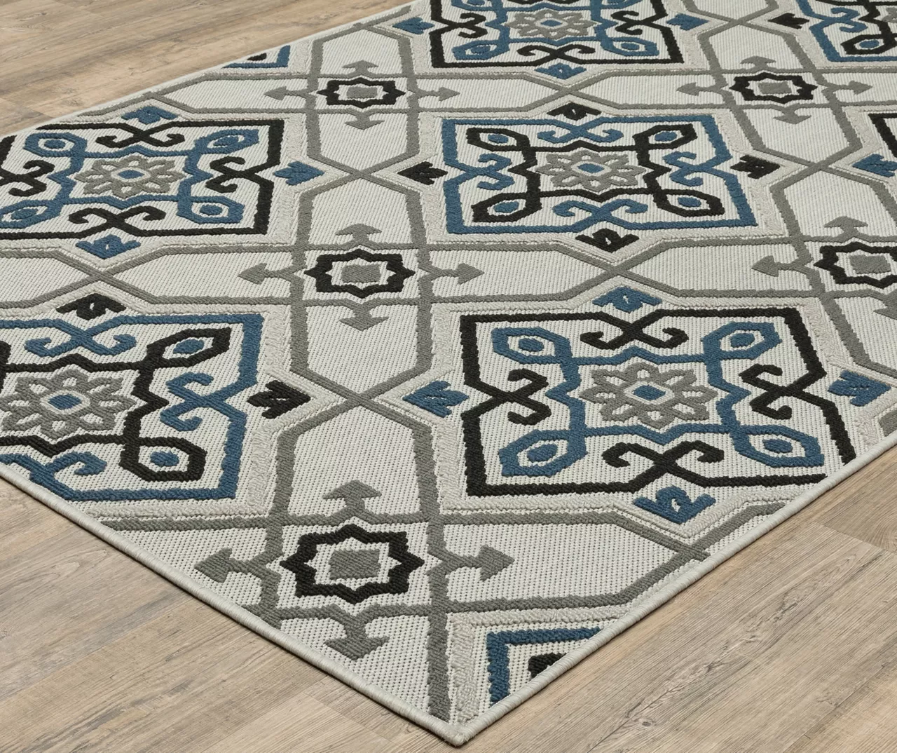 Torance Beige & Blue Linework Medallion Outdoor Area Rug, (1.1' X 3.9') 2 Torance Beige & Blue Linework Medallion Outdoor Area Rug, (1.1' X 3.9') - Image 2